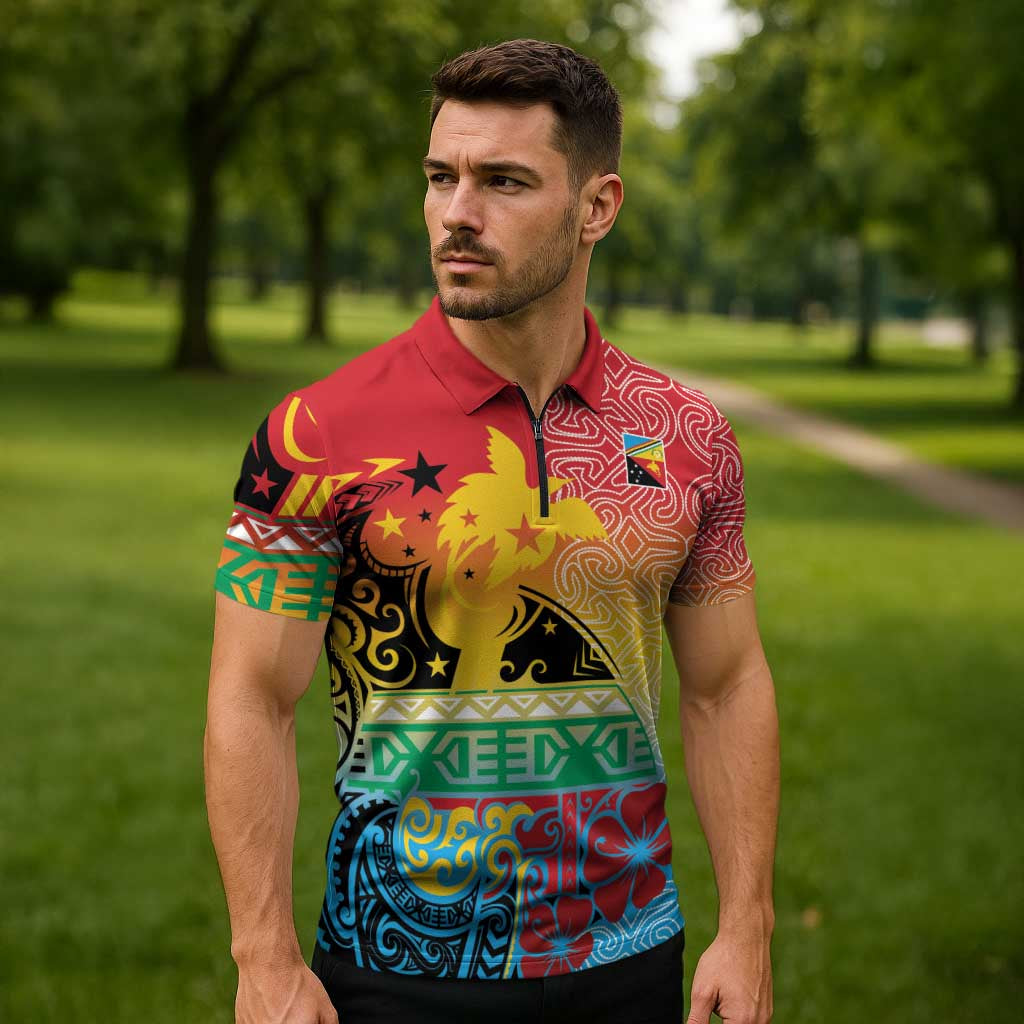 Personalised Torba PNG Day Zipper Polo Shirt Oro Tapa Pattern - Polynesian Pride