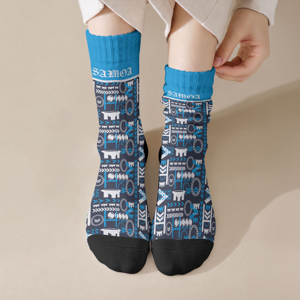 Samoan Warrior Island Heritage Crew Socks Ocean Island Geometry Blue Style LT9 Crew Socks Blue - Polynesian Pride