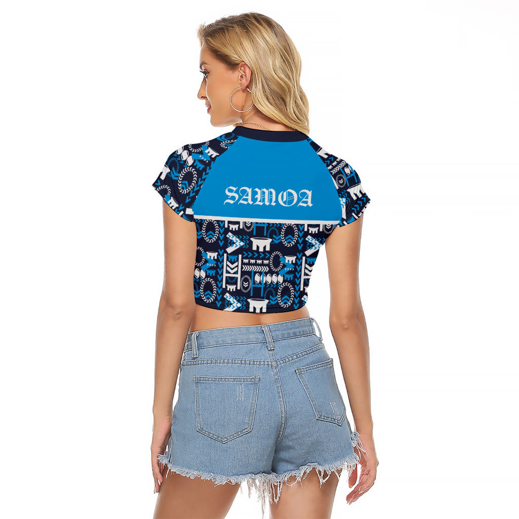 Samoan Warrior Island Heritage Raglan Cropped T Shirt Ocean Island Geometry Blue Style LT9 - Polynesian Pride