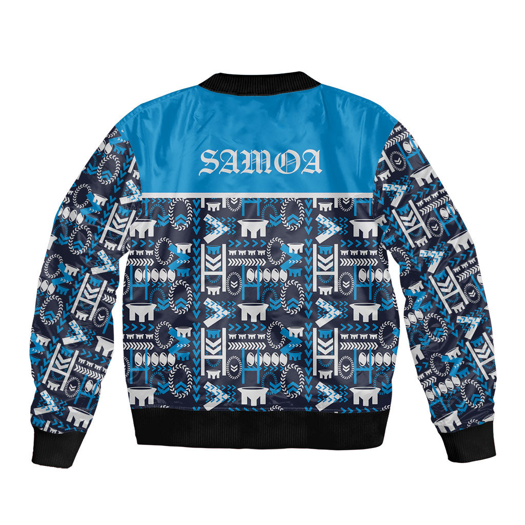 Samoan Warrior Island Heritage Sleeve Zip Bomber Jacket Ocean Island Geometry Blue Style LT9 - Polynesian Pride