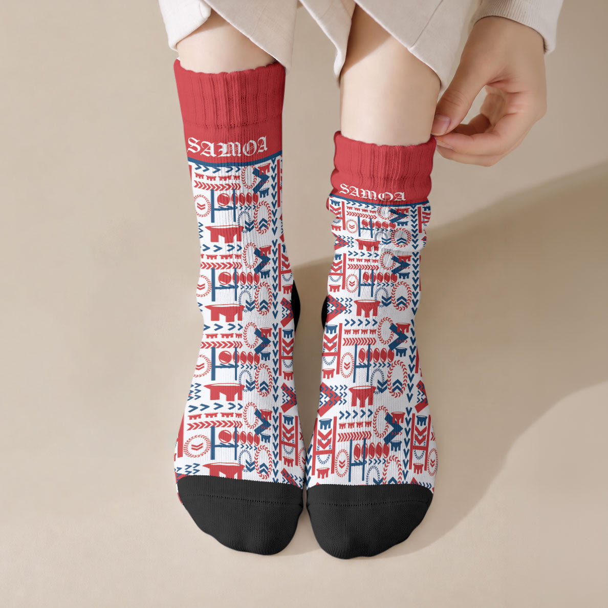 Samoan Warrior Island Heritage Crew Socks Ocean Island Geometry Red Style LT9 Crew Socks Red - Polynesian Pride