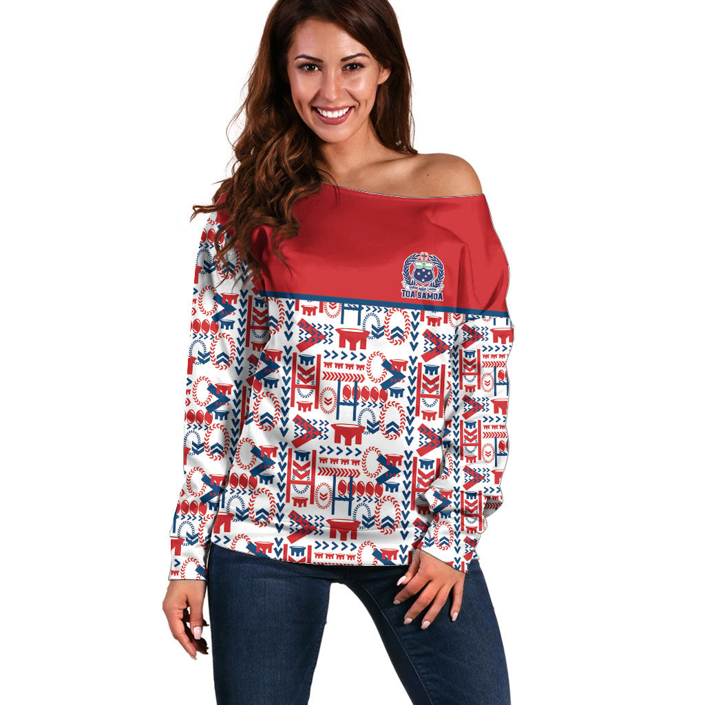 Samoan Warrior Island Heritage Off Shoulder Sweater Ocean Island Geometry Red Style LT9 Women Red - Polynesian Pride