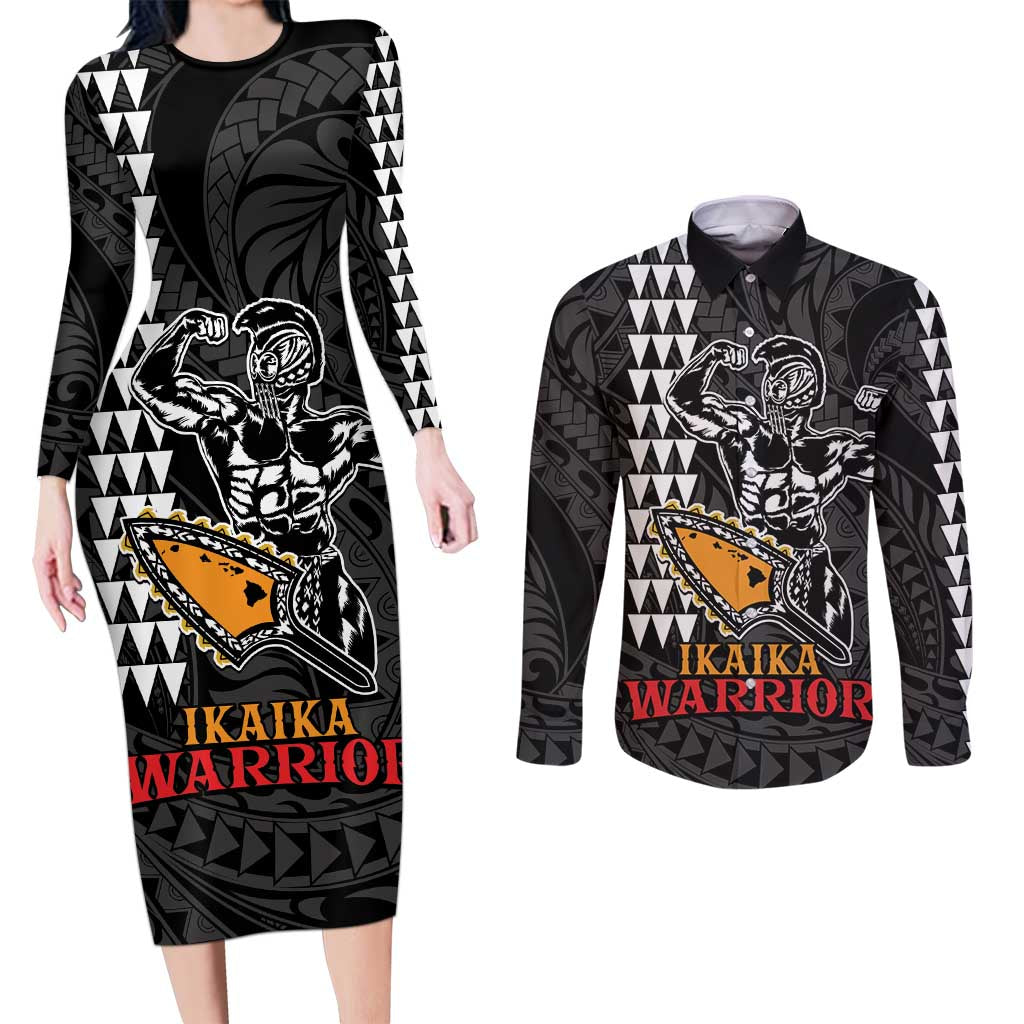 Aloha Spirit Ikaika Warrior Helmet Couples Matching Long Sleeve Bodycon Dress and Long Sleeve Button Shirt LT9 Black - Polynesian Pride