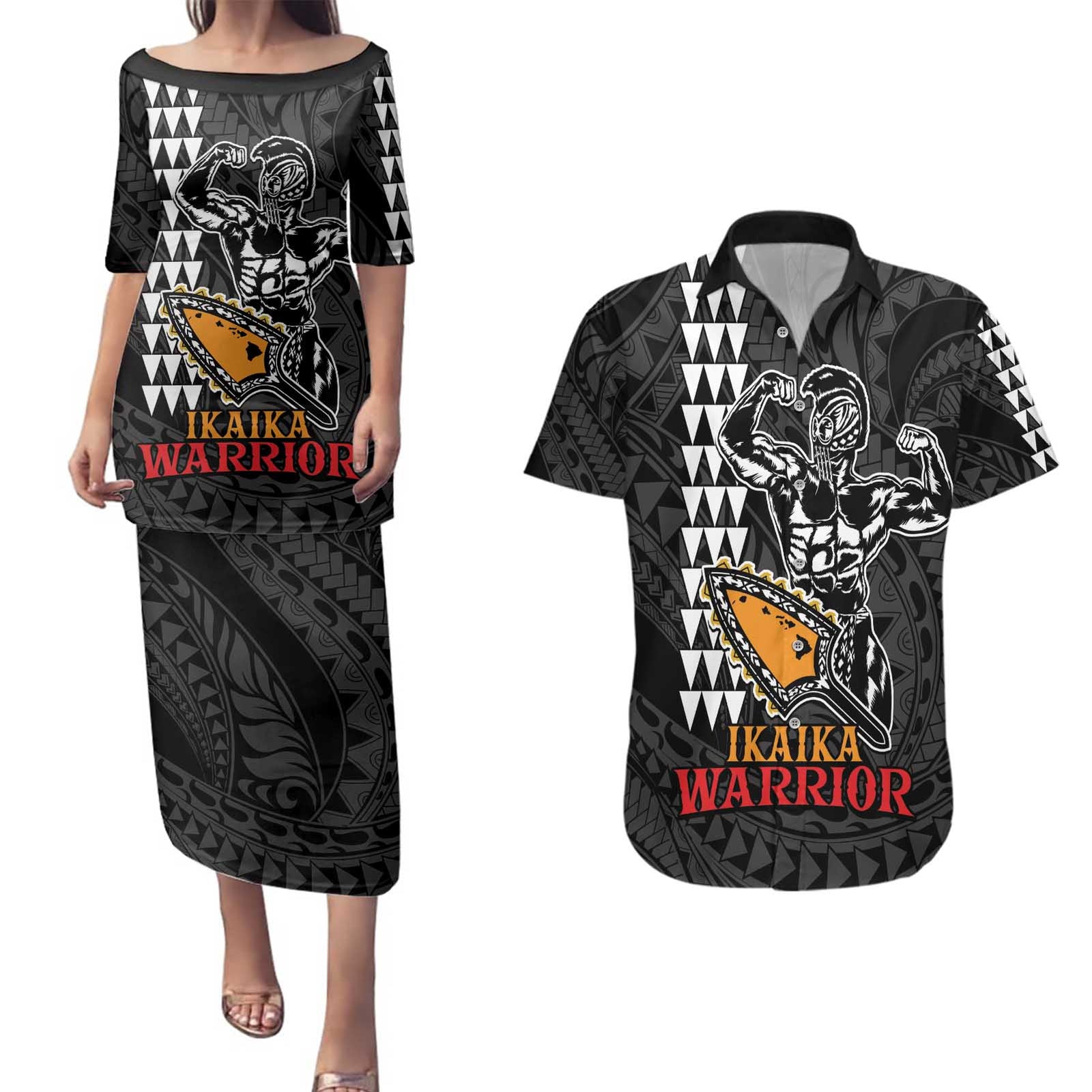 Aloha Spirit Ikaika Warrior Helmet Couples Matching Puletasi and Hawaiian Shirt