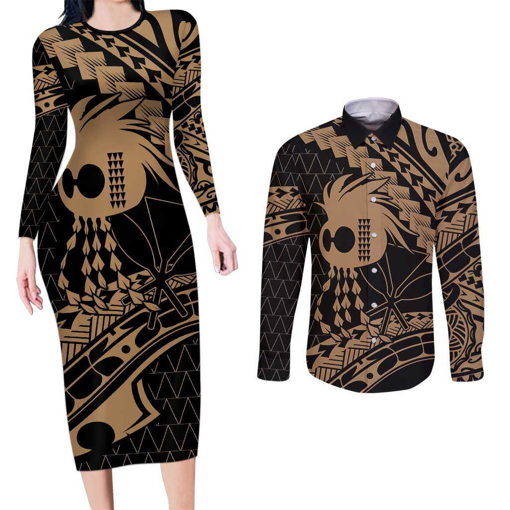 Ikaika Hawaiian Mythic Koa Tribal Warrior Couples Matching Long Sleeve Bodycon Dress and Long Sleeve Button Shirt