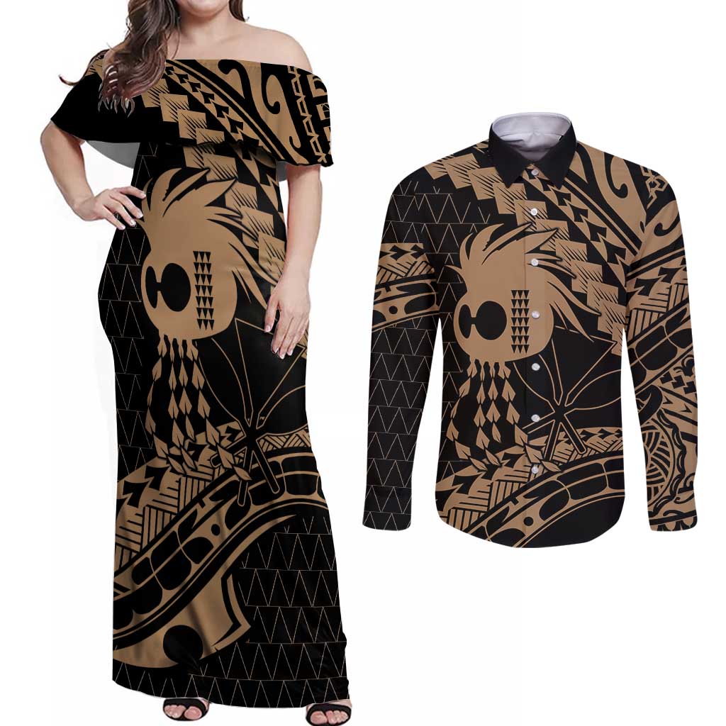 Ikaika Hawaiian Mythic Koa Tribal Warrior Couples Matching Off Shoulder Maxi Dress and Long Sleeve Button Shirt