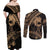 Ikaika Hawaiian Mythic Koa Tribal Warrior Couples Matching Off Shoulder Maxi Dress and Long Sleeve Button Shirt