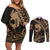 Ikaika Hawaiian Mythic Koa Tribal Warrior Couples Matching Off Shoulder Short Dress and Long Sleeve Button Shirt