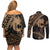 Ikaika Hawaiian Mythic Koa Tribal Warrior Couples Matching Off Shoulder Short Dress and Long Sleeve Button Shirt