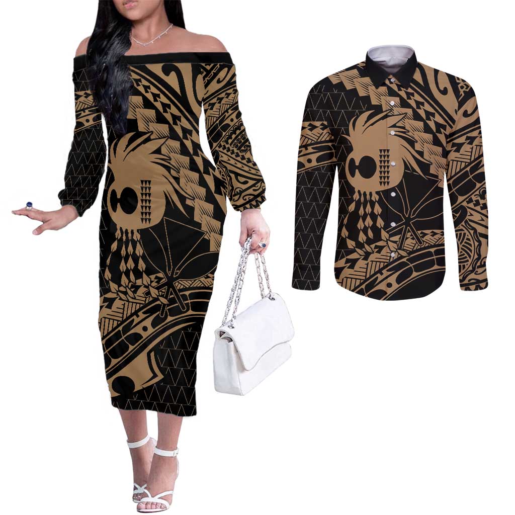 Ikaika Hawaiian Mythic Koa Tribal Warrior Couples Matching Off The Shoulder Long Sleeve Dress and Long Sleeve Button Shirt