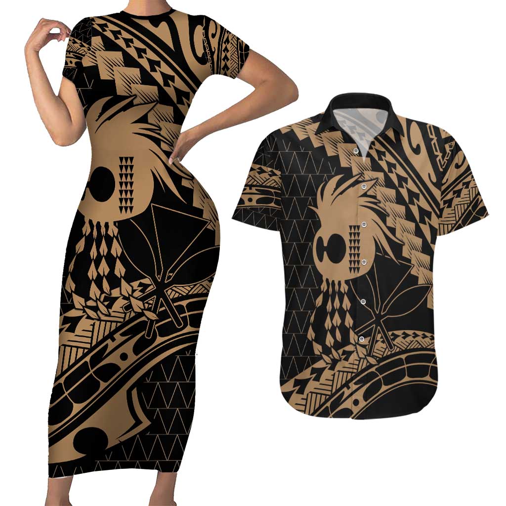 Ikaika Hawaiian Mythic Koa Tribal Warrior Couples Matching Short Sleeve Bodycon Dress and Hawaiian Shirt