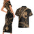 Ikaika Hawaiian Mythic Koa Tribal Warrior Couples Matching Short Sleeve Bodycon Dress and Hawaiian Shirt