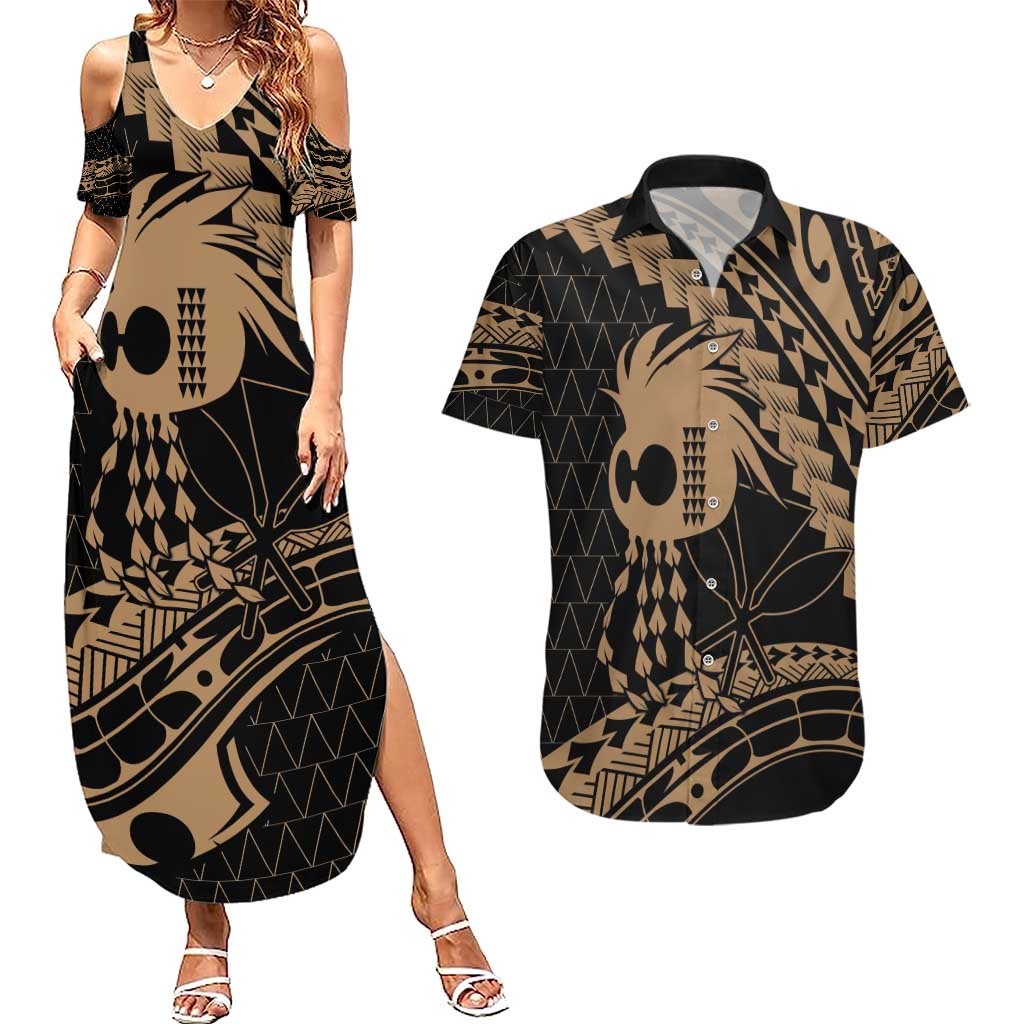 Ikaika Hawaiian Mythic Koa Tribal Warrior Couples Matching Summer Maxi Dress and Hawaiian Shirt