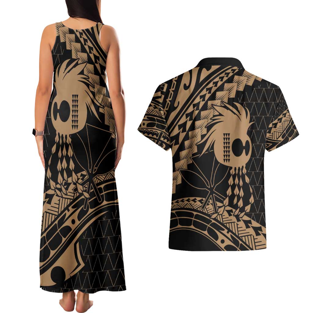 Ikaika Hawaiian Mythic Koa Tribal Warrior Couples Matching Tank Maxi Dress and Hawaiian Shirt