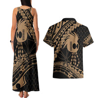 Ikaika Hawaiian Mythic Koa Tribal Warrior Couples Matching Tank Maxi Dress and Hawaiian Shirt