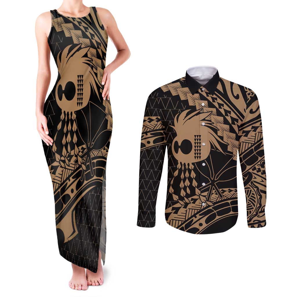 Ikaika Hawaiian Mythic Koa Tribal Warrior Couples Matching Tank Maxi Dress and Long Sleeve Button Shirt