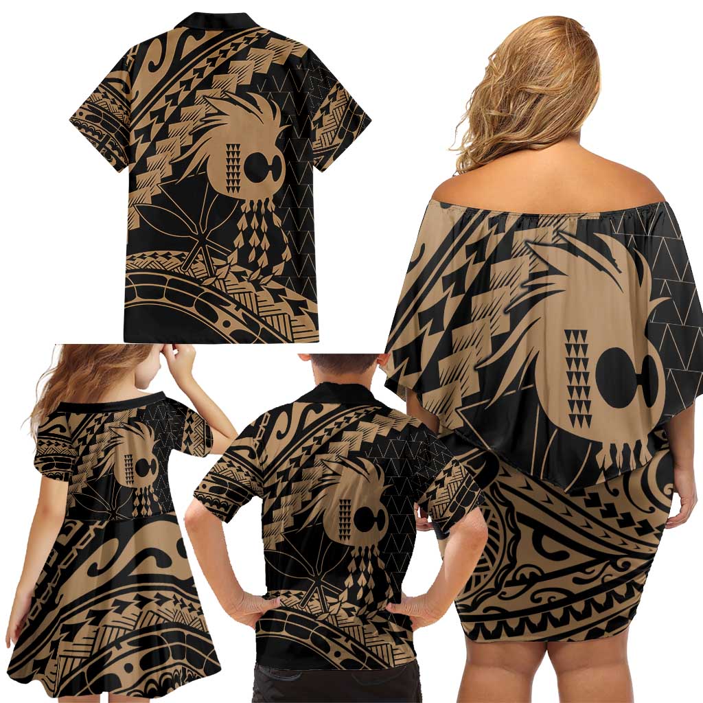 Ikaika Hawaiian Mythic Koa Tribal Warrior Family Matching Off Shoulder Short Dress and Hawaiian Shirt