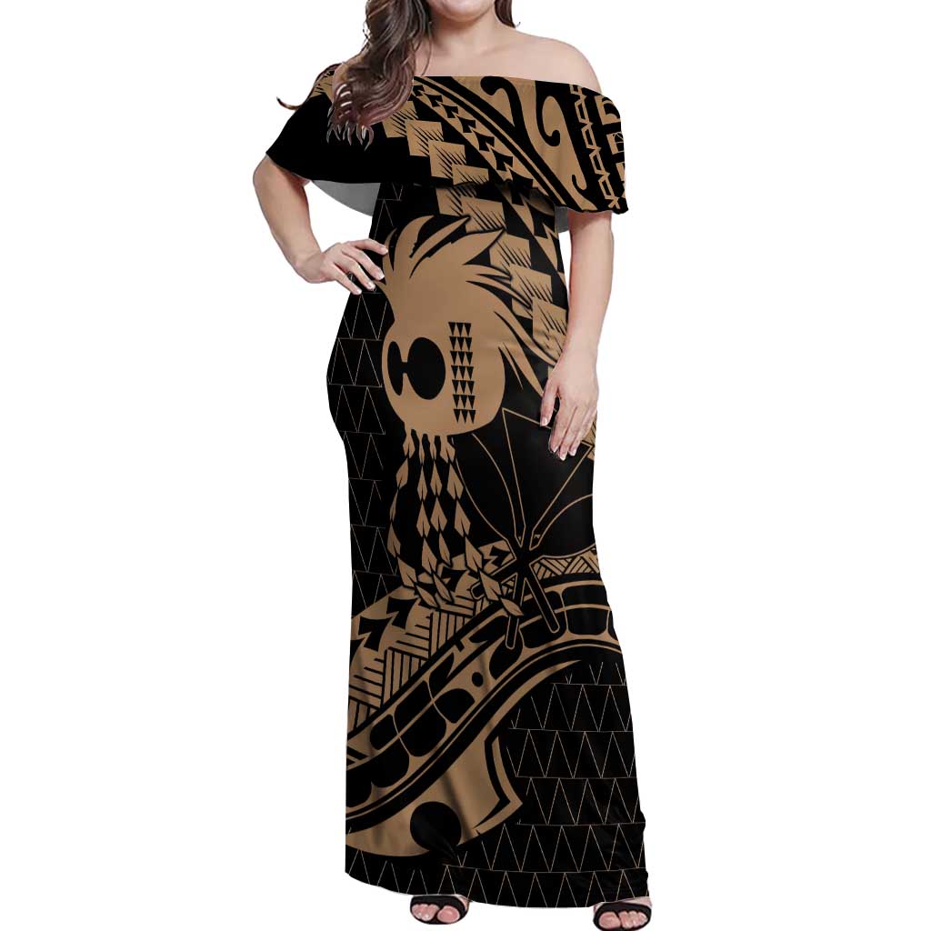 Ikaika Hawaiian Mythic Koa Tribal Warrior Off Shoulder Maxi Dress