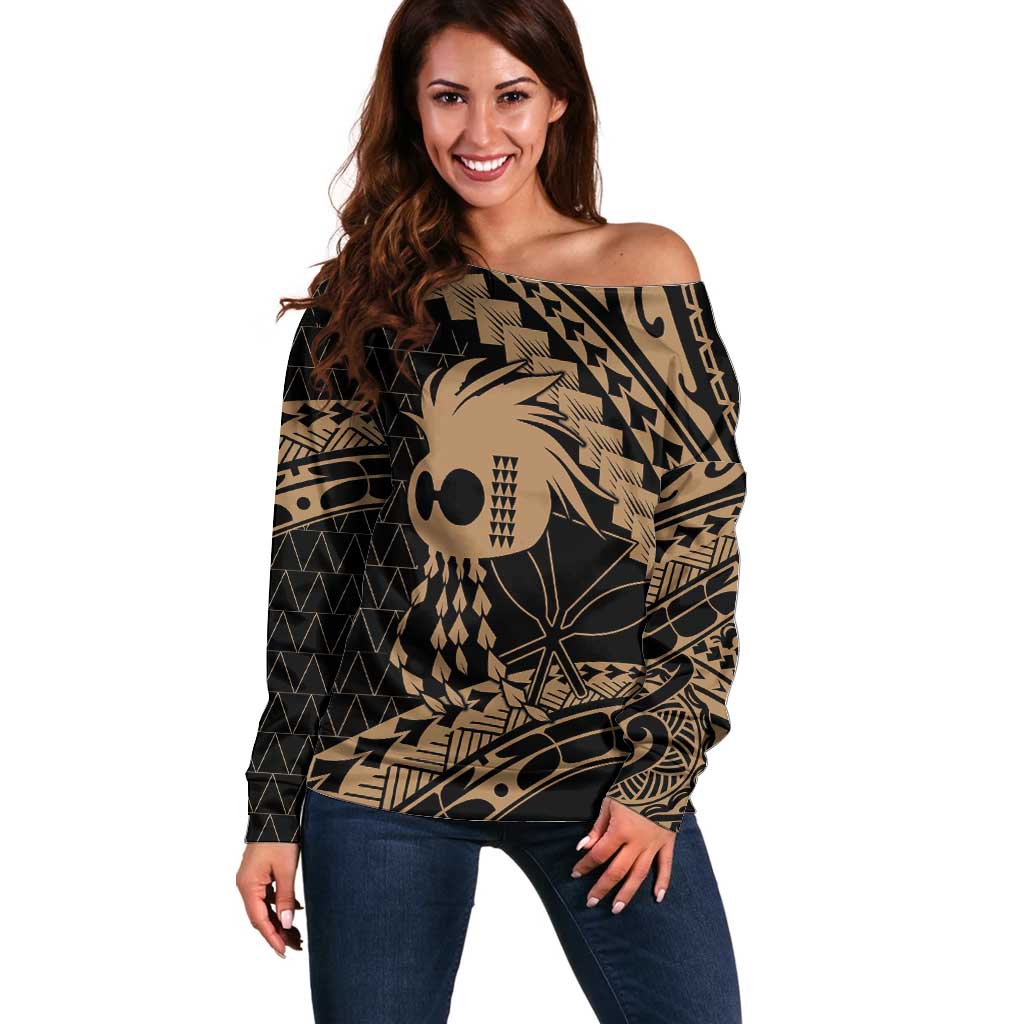 Ikaika Hawaiian Mythic Koa Tribal Warrior Off Shoulder Sweater