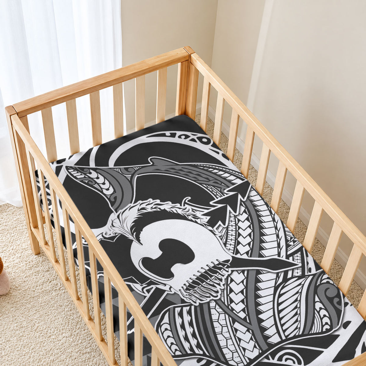 Koa Ikaika Warrior Helmet with Shark Baby Bed Cover Black Kakau Style LT9 - Polynesian Pride