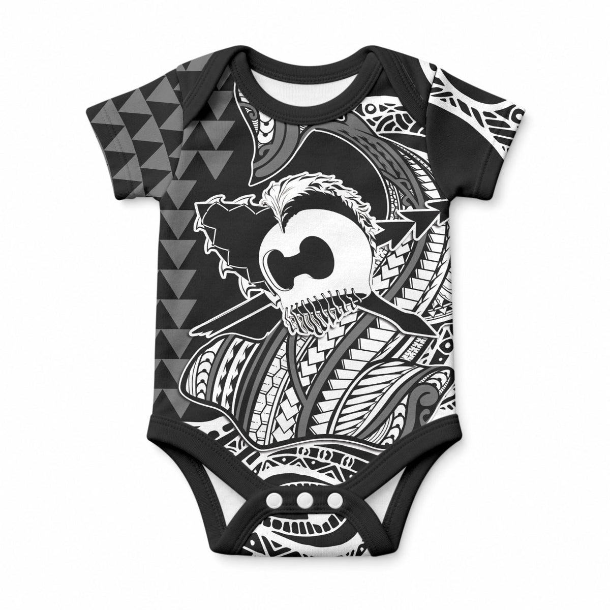Koa Ikaika Warrior Helmet with Shark Baby Onesie Black Kakau Style LT9 Black - Polynesian Pride