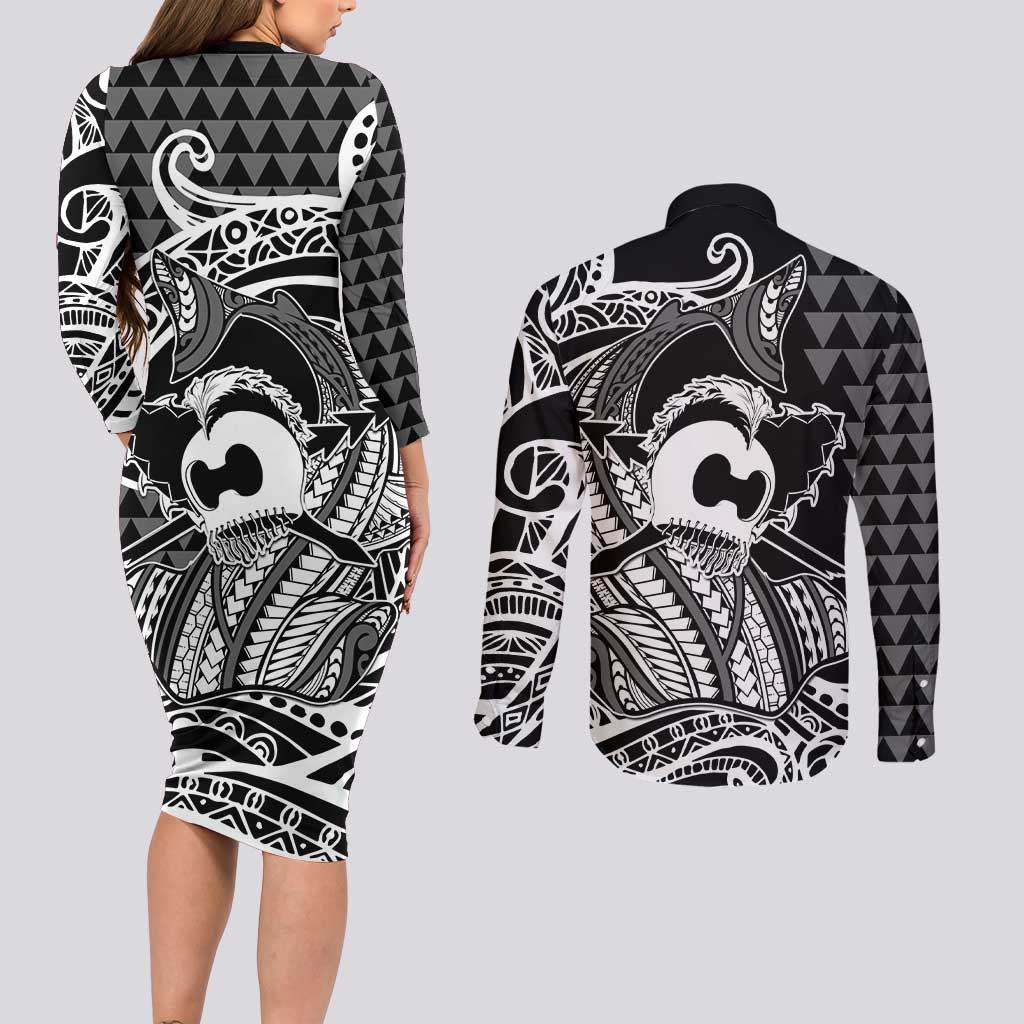 Koa Ikaika Warrior Helmet with Shark Couples Matching Long Sleeve Bodycon Dress and Long Sleeve Button Shirt Black Kakau Style LT9 - Polynesian Pride