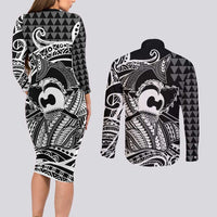 Koa Ikaika Warrior Helmet with Shark Couples Matching Long Sleeve Bodycon Dress and Long Sleeve Button Shirt Black Kakau Style LT9 - Polynesian Pride