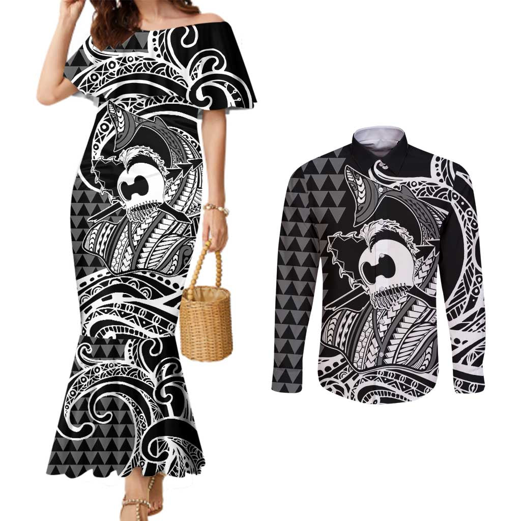 Koa Ikaika Warrior Helmet with Shark Couples Matching Mermaid Dress and Long Sleeve Button Shirt Black Kakau Style LT9 Black - Polynesian Pride