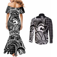 Koa Ikaika Warrior Helmet with Shark Couples Matching Mermaid Dress and Long Sleeve Button Shirt Black Kakau Style LT9 - Polynesian Pride