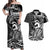 Koa Ikaika Warrior Helmet with Shark Couples Matching Off Shoulder Maxi Dress and Hawaiian Shirt Black Kakau Style