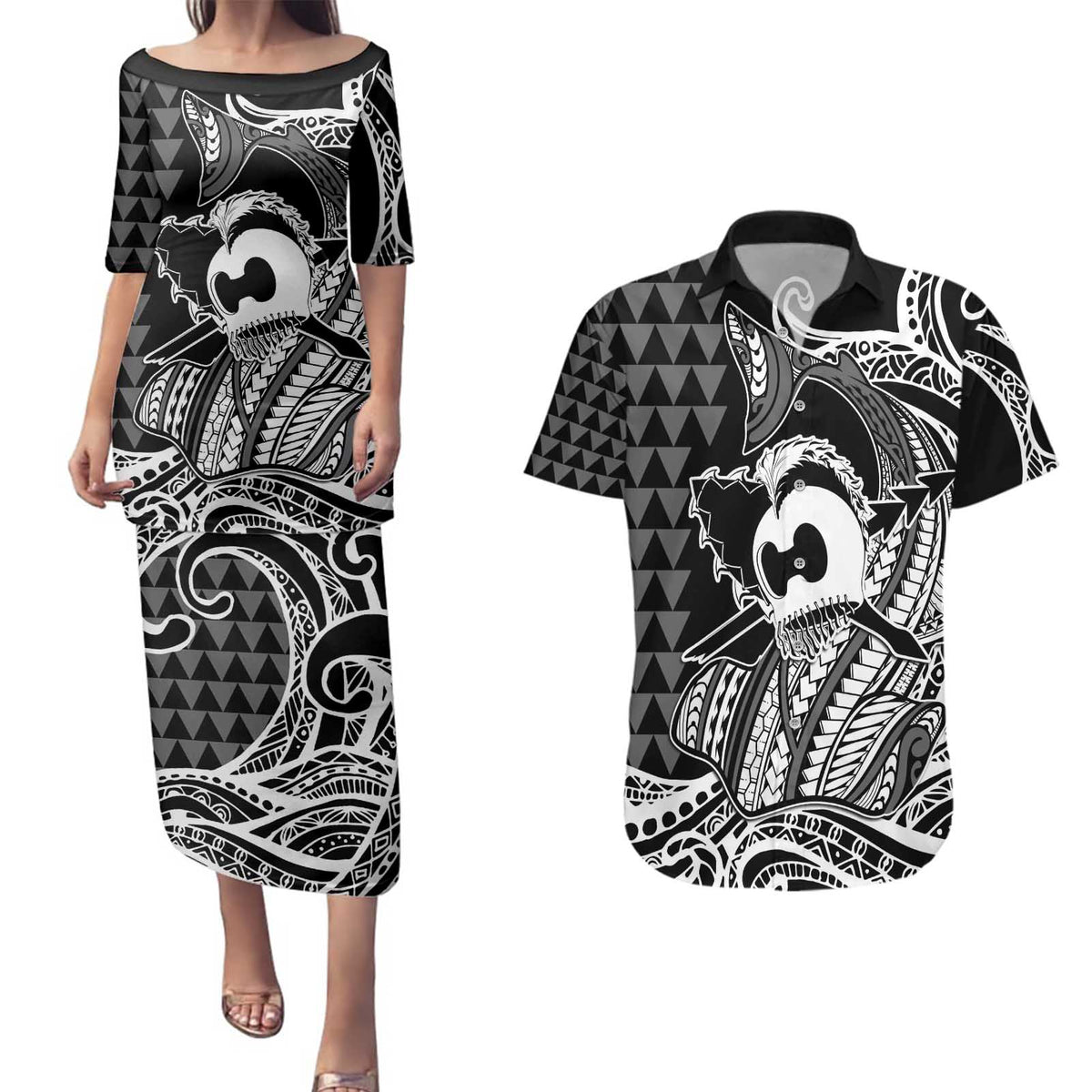 Koa Ikaika Warrior Helmet with Shark Couples Matching Puletasi and Hawaiian Shirt Black Kakau Style