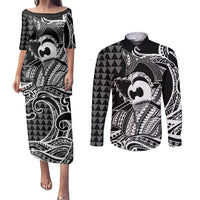 Koa Ikaika Warrior Helmet with Shark Couples Matching Puletasi and Long Sleeve Button Shirt Black Kakau Style