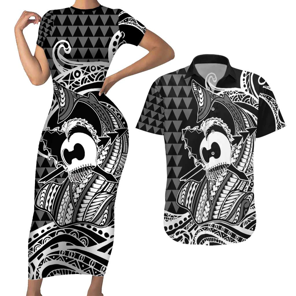 Koa Ikaika Warrior Helmet with Shark Couples Matching Short Sleeve Bodycon Dress and Hawaiian Shirt Black Kakau Style