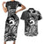 Koa Ikaika Warrior Helmet with Shark Couples Matching Short Sleeve Bodycon Dress and Hawaiian Shirt Black Kakau Style