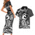 Koa Ikaika Warrior Helmet with Shark Couples Matching Short Sleeve Bodycon Dress and Hawaiian Shirt Black Kakau Style