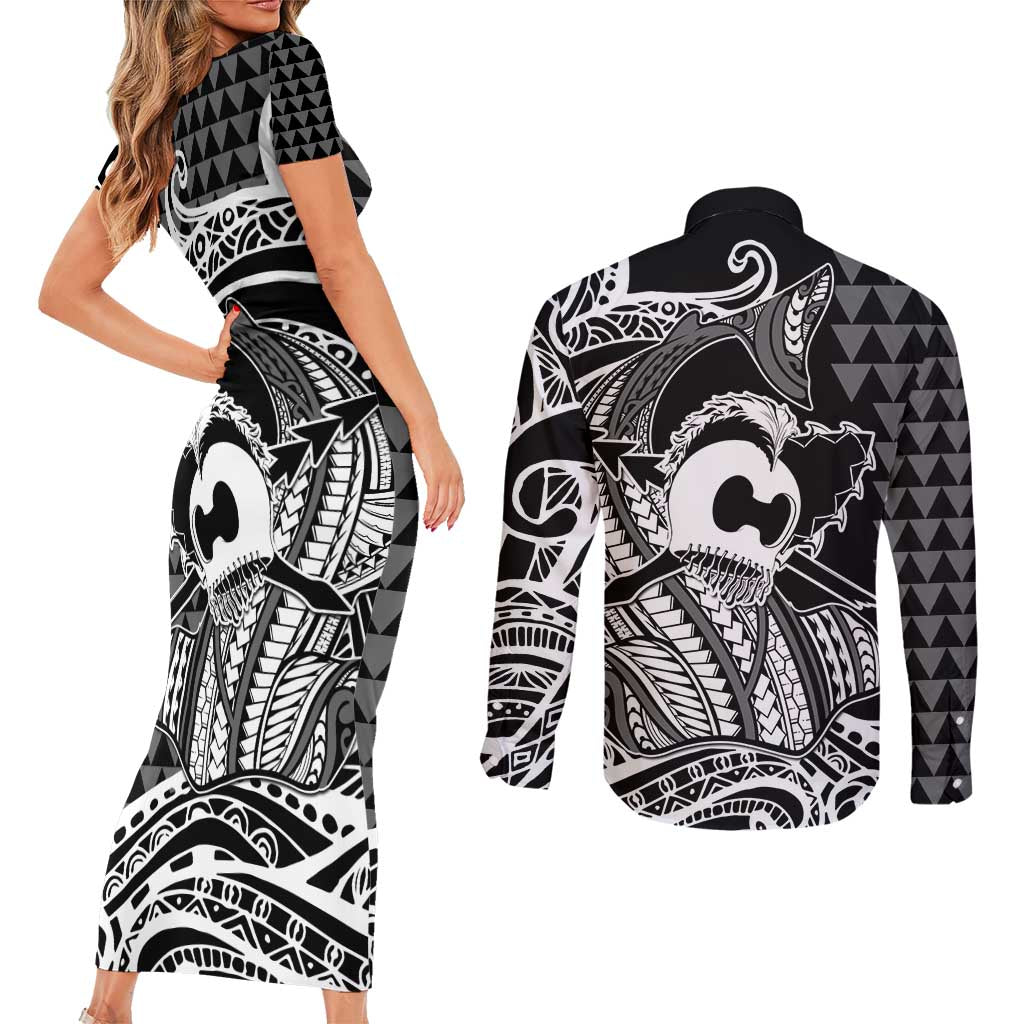Koa Ikaika Warrior Helmet with Shark Couples Matching Short Sleeve Bodycon Dress and Long Sleeve Button Shirt Black Kakau Style LT9 - Polynesian Pride