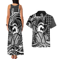 Koa Ikaika Warrior Helmet with Shark Couples Matching Tank Maxi Dress and Hawaiian Shirt Black Kakau Style
