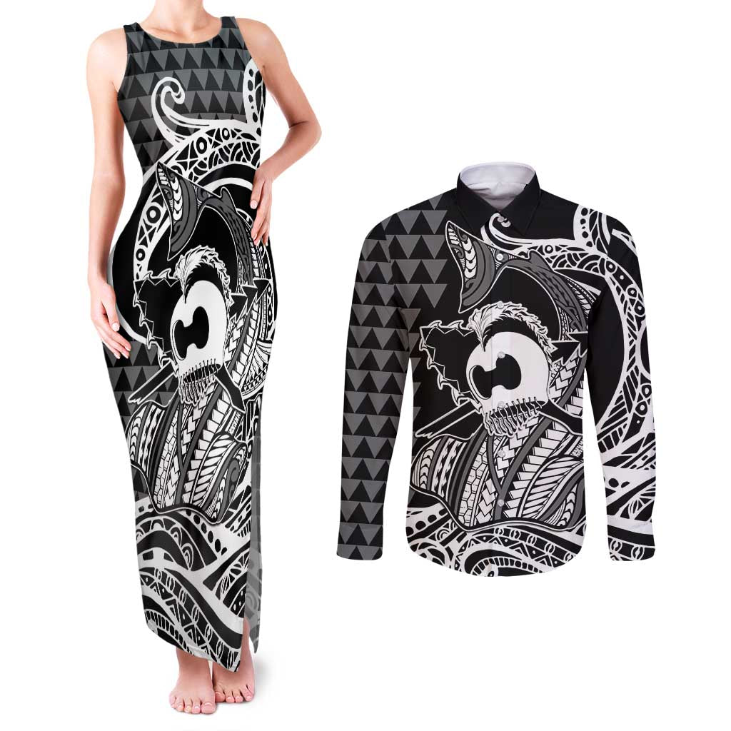 Koa Ikaika Warrior Helmet with Shark Couples Matching Tank Maxi Dress and Long Sleeve Button Shirt Black Kakau Style LT9 Black - Polynesian Pride
