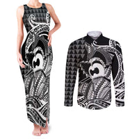 Koa Ikaika Warrior Helmet with Shark Couples Matching Tank Maxi Dress and Long Sleeve Button Shirt Black Kakau Style LT9 Black - Polynesian Pride