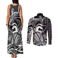 Koa Ikaika Warrior Helmet with Shark Couples Matching Tank Maxi Dress and Long Sleeve Button Shirt Black Kakau Style LT9 - Polynesian Pride
