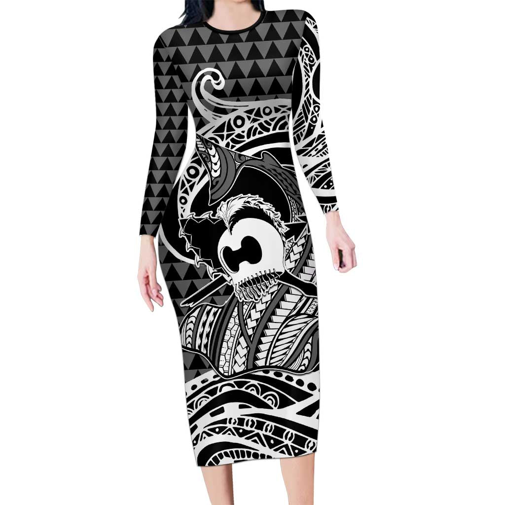Koa Ikaika Warrior Helmet with Shark Family Matching Long Sleeve Bodycon Dress and Hawaiian Shirt Black Kakau Style