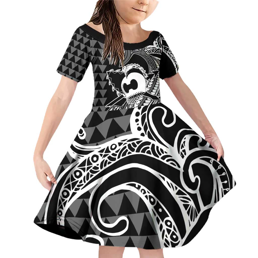 Koa Ikaika Warrior Helmet with Shark Family Matching Off Shoulder Short Dress and Hawaiian Shirt Black Kakau Style