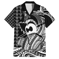 Koa Ikaika Warrior Helmet with Shark Family Matching Off Shoulder Short Dress and Hawaiian Shirt Black Kakau Style