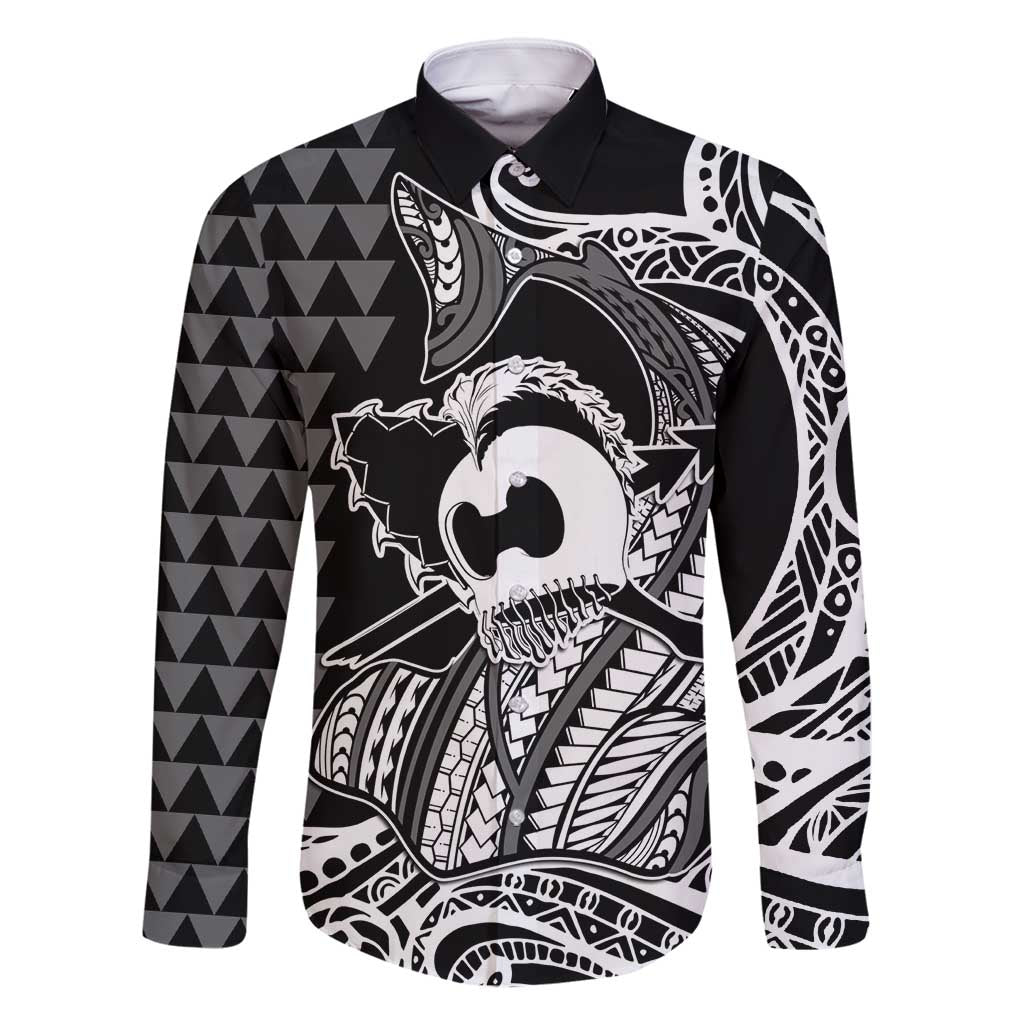 Koa Ikaika Warrior Helmet with Shark Family Matching Off Shoulder Short Dress and Hawaiian Shirt Black Kakau Style