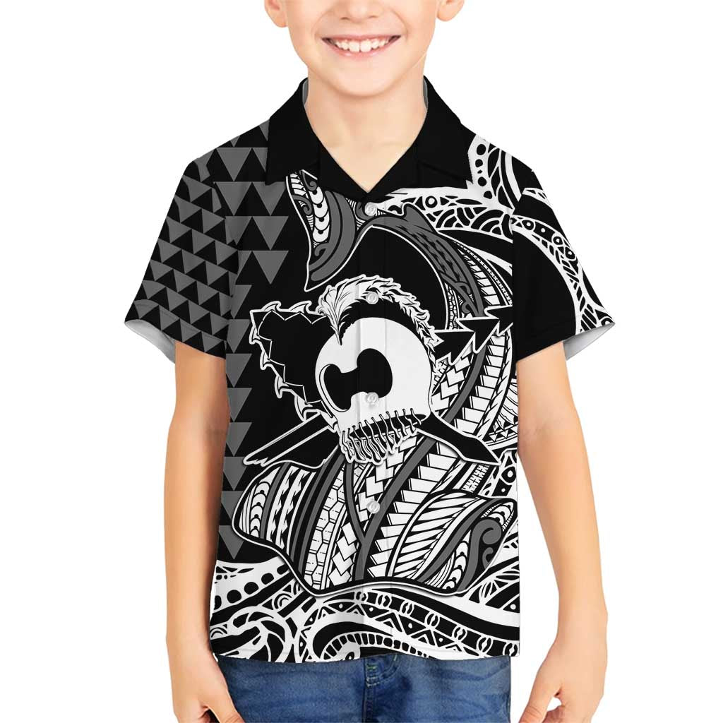Koa Ikaika Warrior Helmet with Shark Family Matching Off Shoulder Short Dress and Hawaiian Shirt Black Kakau Style