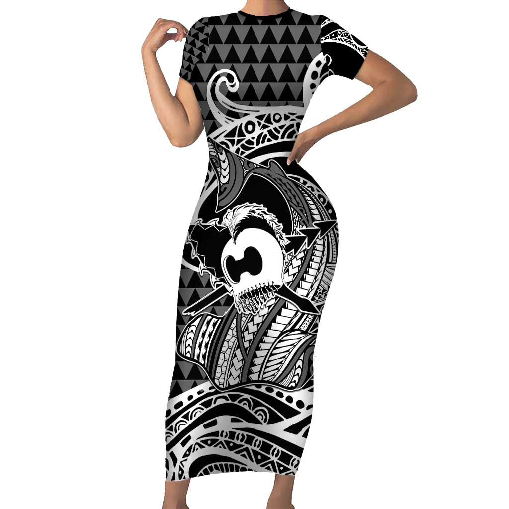 Koa Ikaika Warrior Helmet with Shark Family Matching Short Sleeve Bodycon Dress and Hawaiian Shirt Black Kakau Style