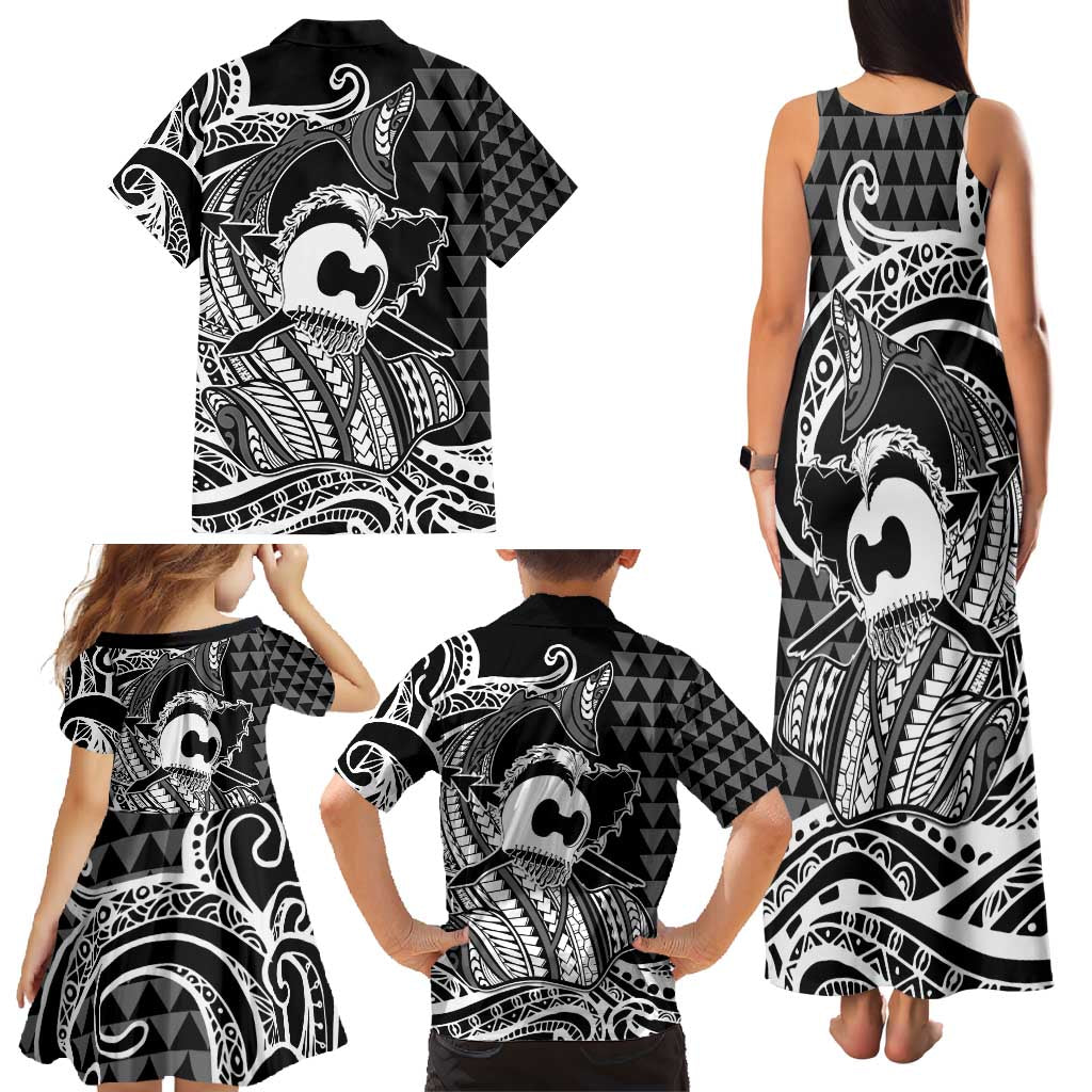 Koa Ikaika Warrior Helmet with Shark Family Matching Tank Maxi Dress and Hawaiian Shirt Black Kakau Style