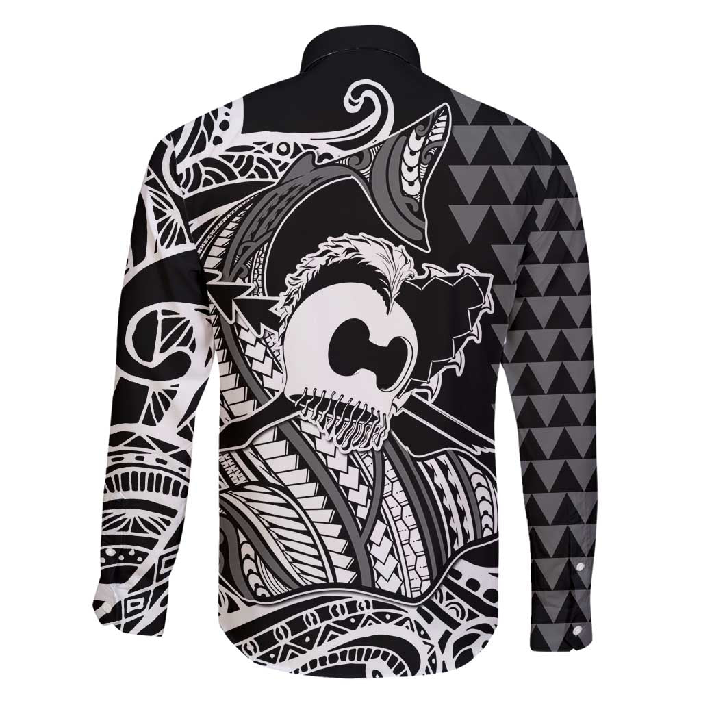 Koa Ikaika Warrior Helmet with Shark Family Matching Tank Maxi Dress and Hawaiian Shirt Black Kakau Style