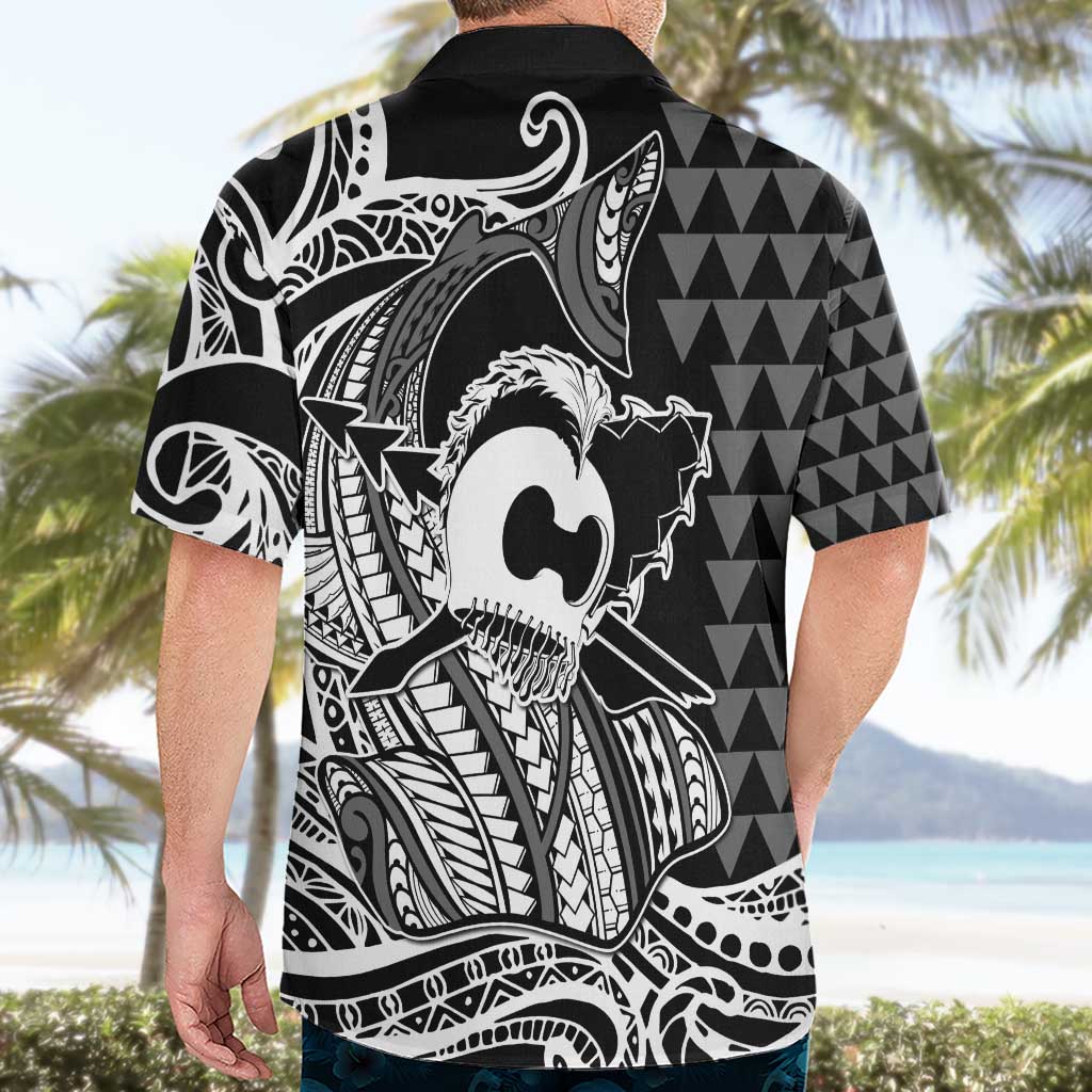 Koa Ikaika Warrior Helmet with Shark Hawaiian Shirt Black Kakau Style