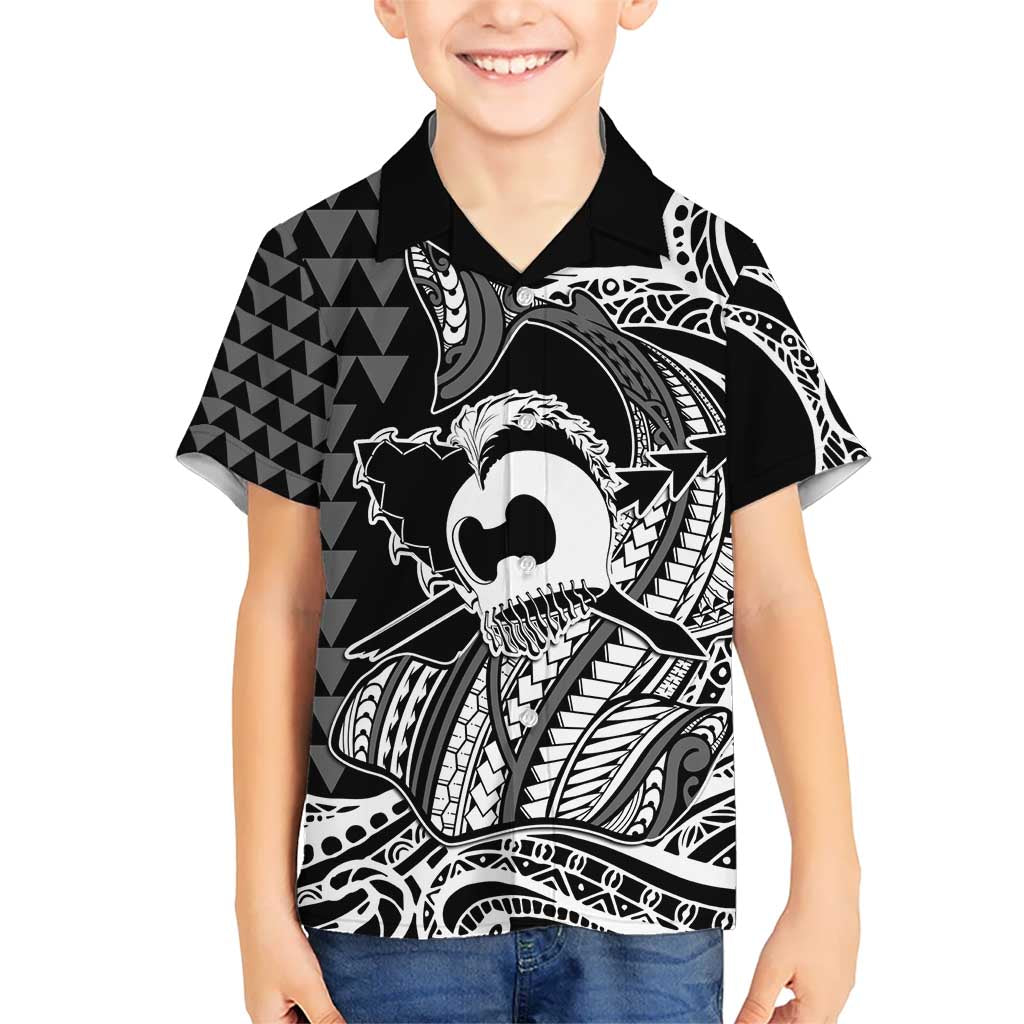 Koa Ikaika Warrior Helmet with Shark Kid Hawaiian Shirt Black Kakau Style